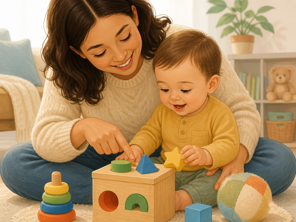 親が床に座り、１歳児をひざにのせて一緒におもちゃで遊びながら、安全な遊び方をにこやかに見せているイラスト