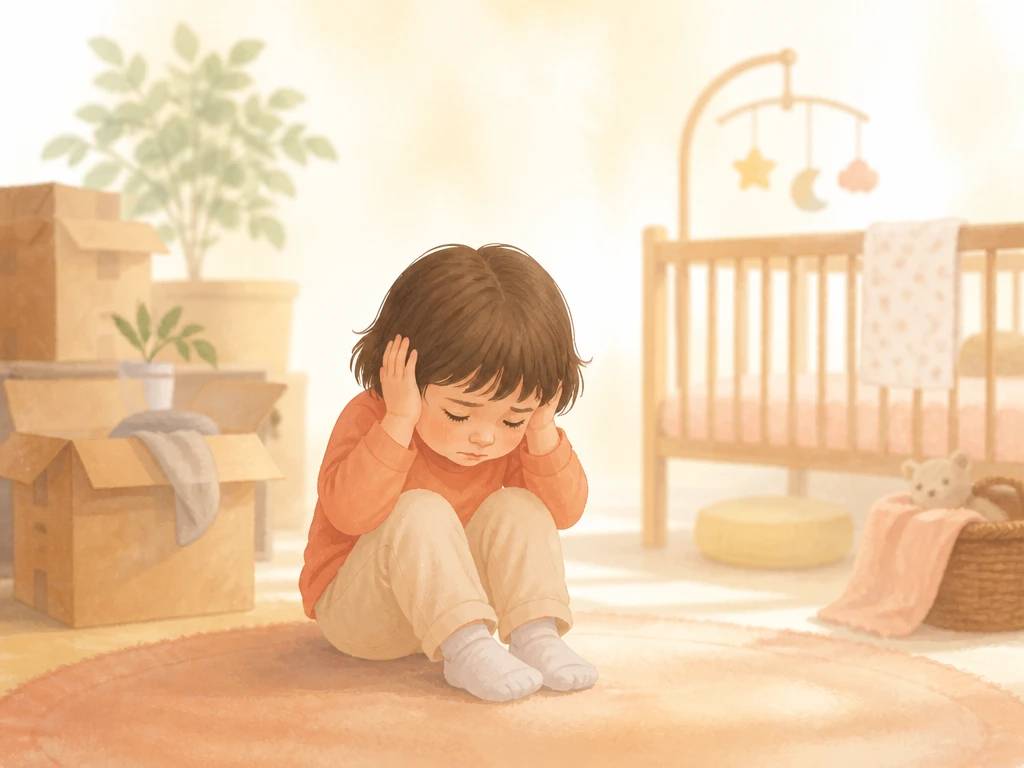 環境の変化に戸惑う3歳児が耳をふさいでうつむくイラスト