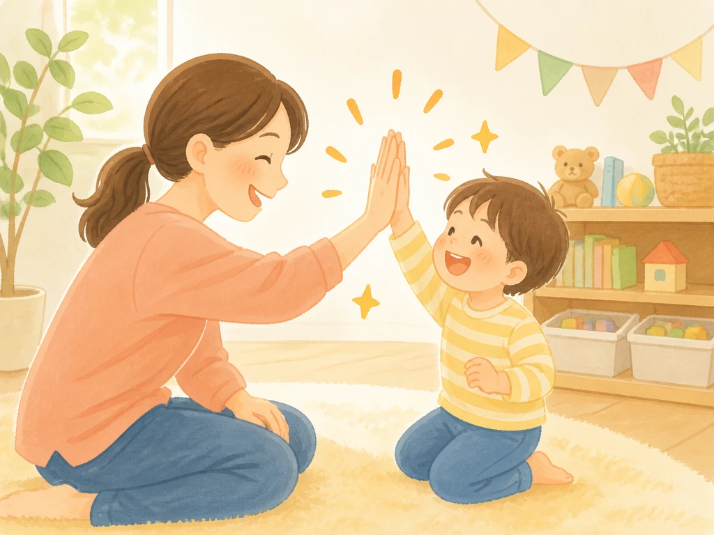 ママとハイタッチして笑顔の3歳児、片付けたおもちゃ箱が背景にあるイラスト