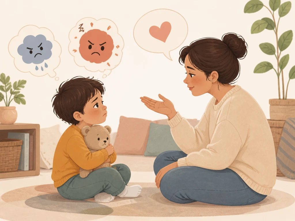 親子が目線を合わせて話すイラスト。子どもの頭の上には悲しい顔や怒った顔の吹き出しがあり、親が「悔しかったね」と声をかけている。