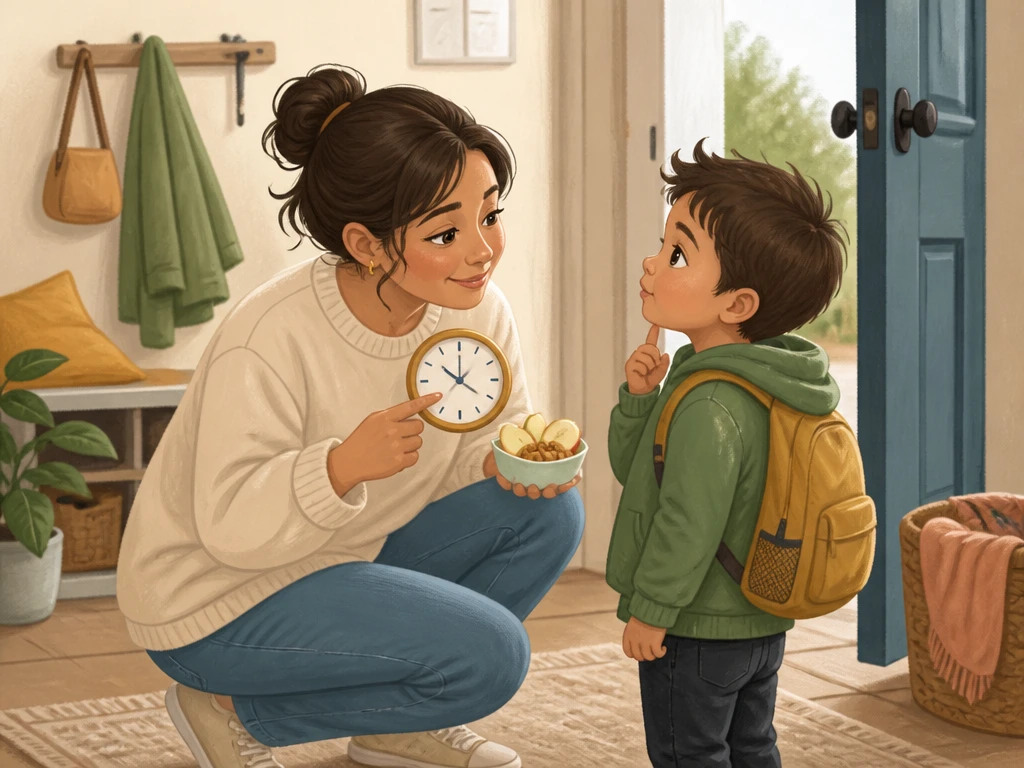 親が子どもに時計を見せながら「あと少しでおやつだよ」と伝えている。子どもは時計と親の顔を交互に見ている。
