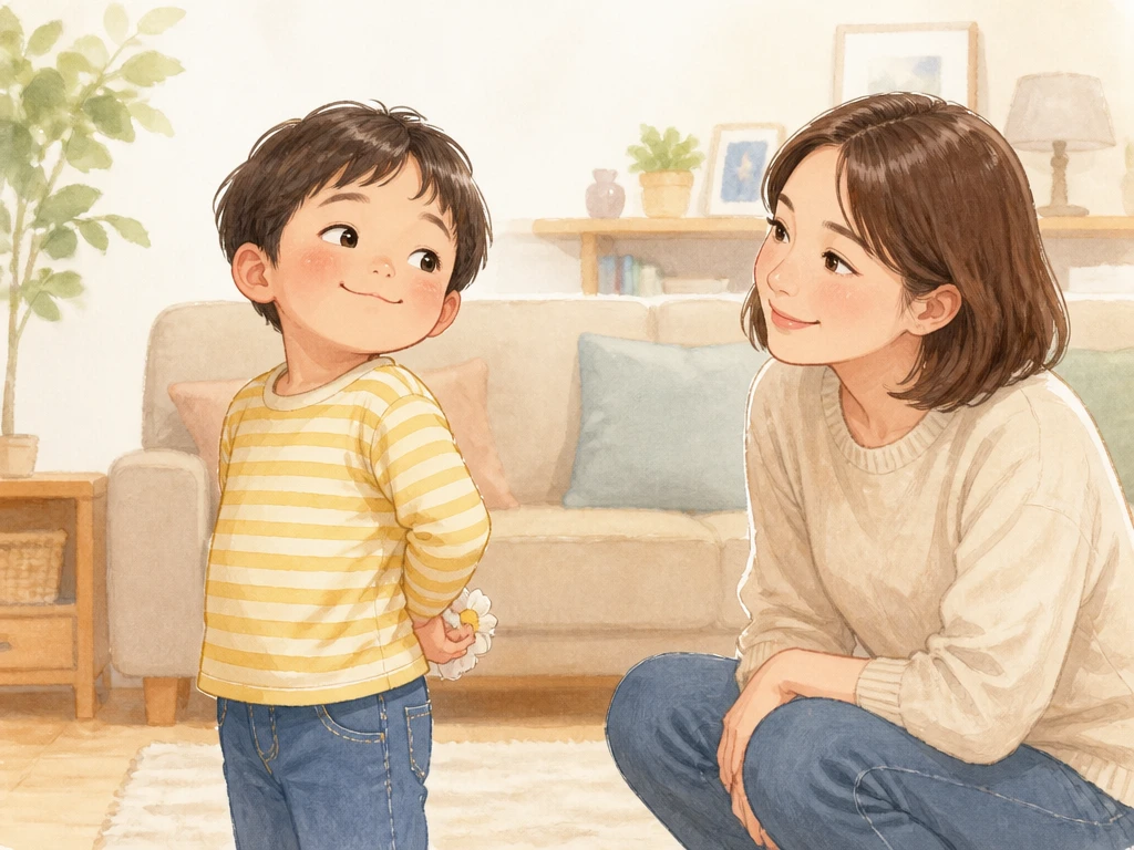 3歳児がいたずらを隠そうとする様子を親が穏やかに見守るイラスト