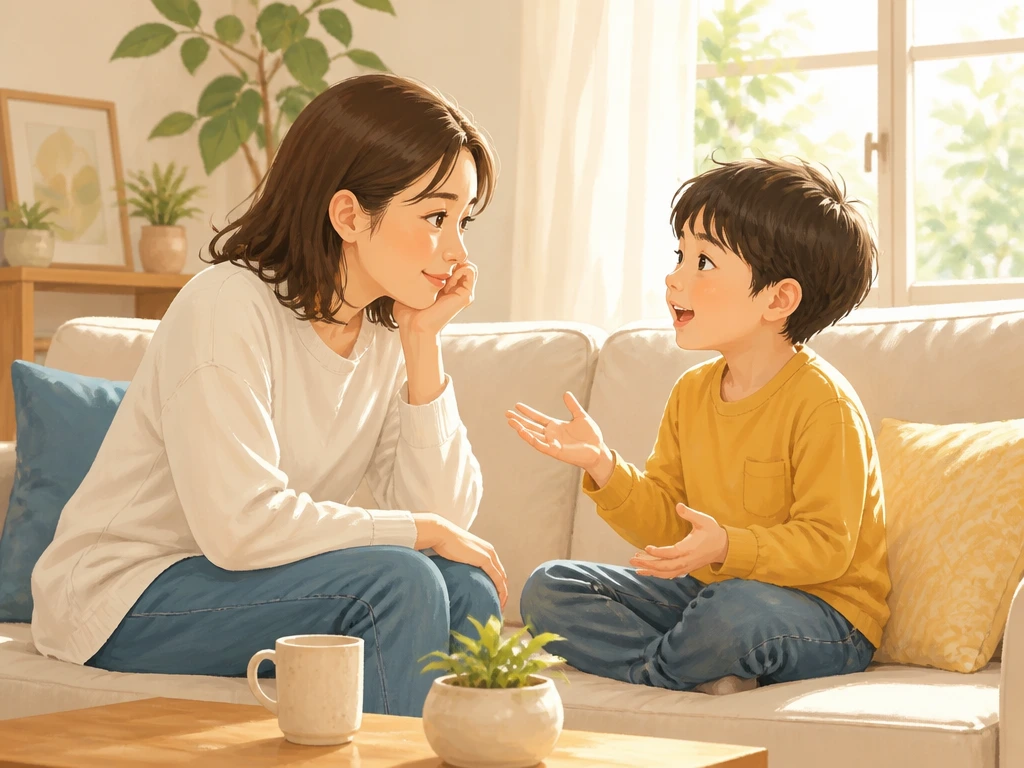 親子がソファで穏やかに話し合うイラスト